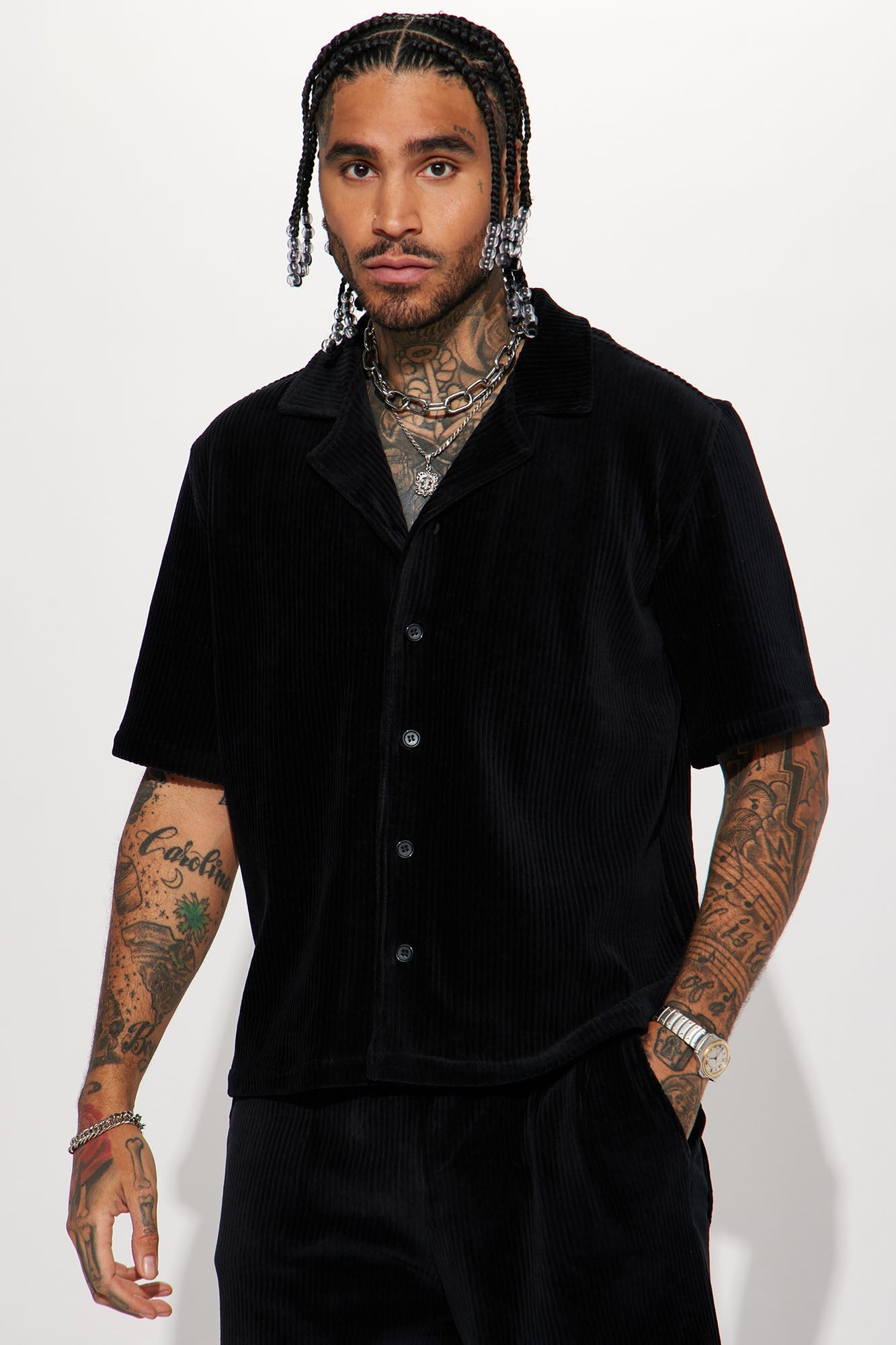 Luxury Knit Ribbed Short Sleeve Shirt - Black