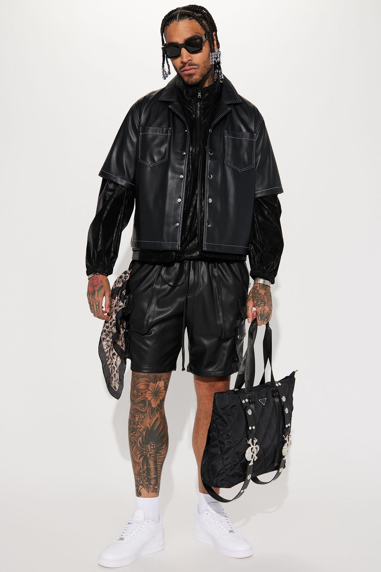 Say Name Faux Leather Cargo Shorts - Black
