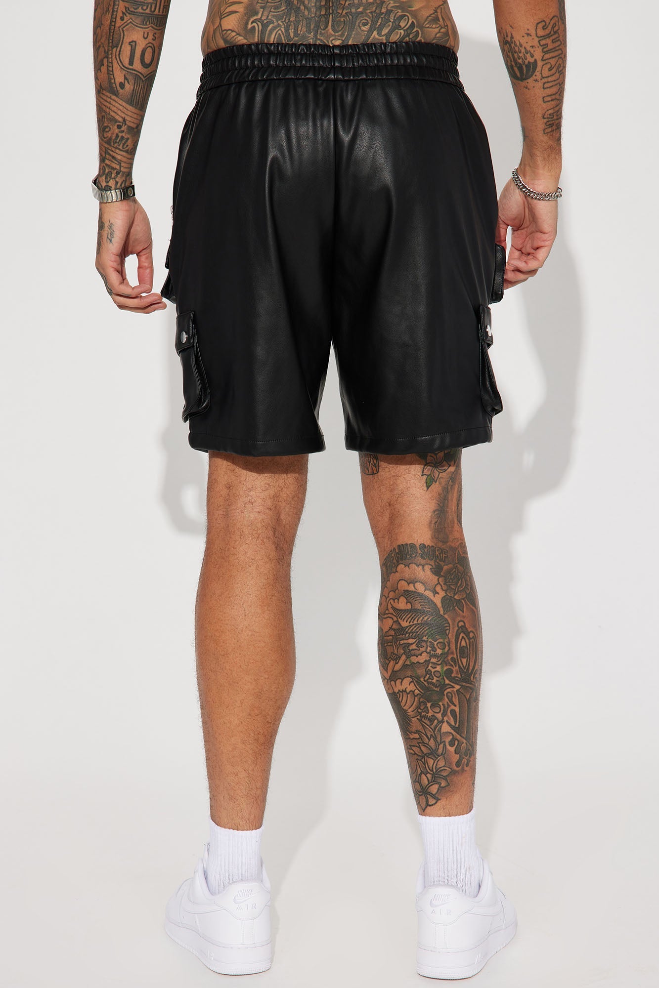 Say Name Faux Leather Cargo Shorts - Black