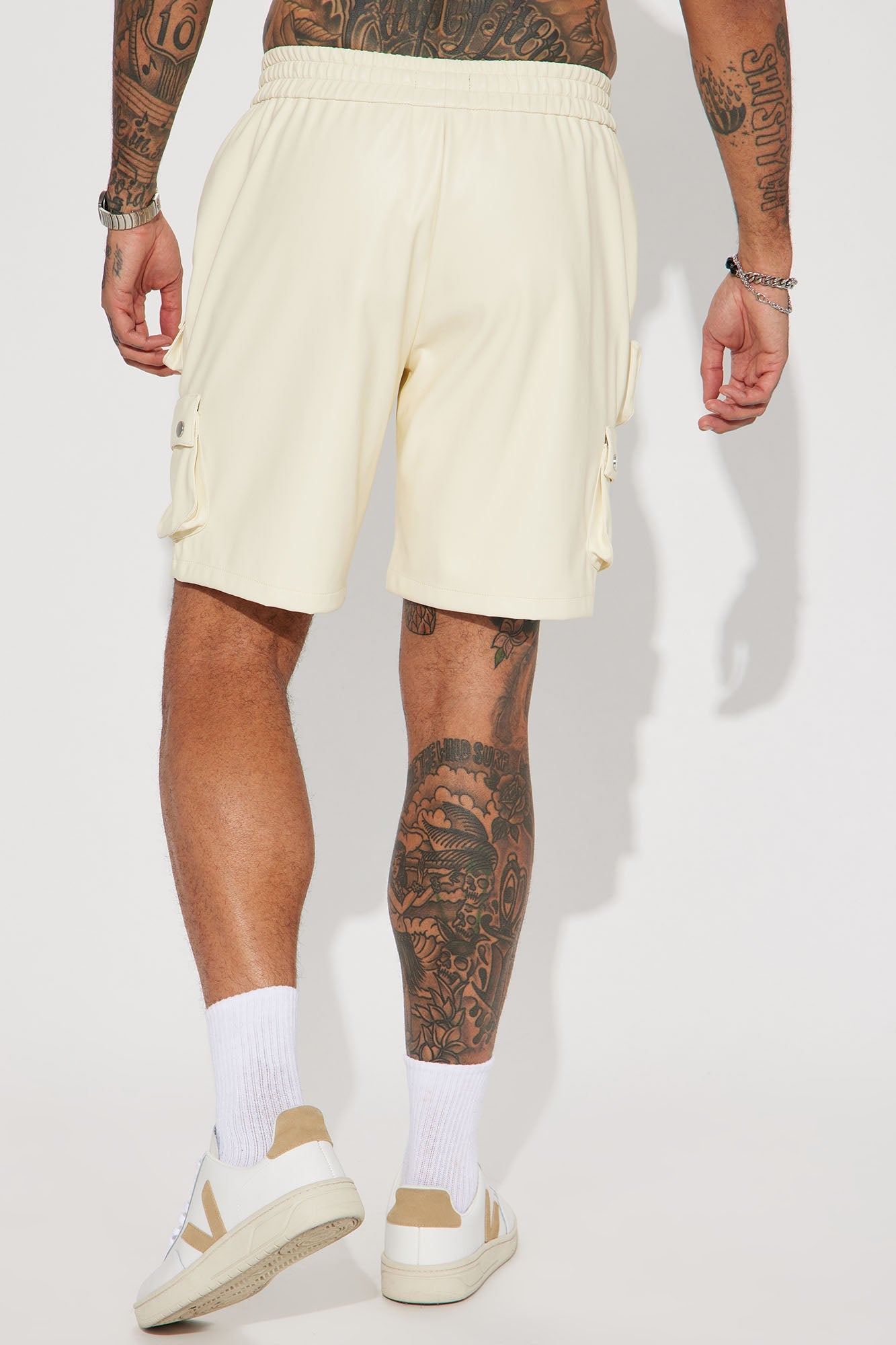Say Name Faux Leather Cargo Shorts - Cream